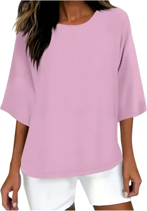 Cotton Linen Tops for Women Solid Color 3/4 Sleeve Round Neck Tunic Blouses Casual Plus Size Loose Fitting Tee Shirt