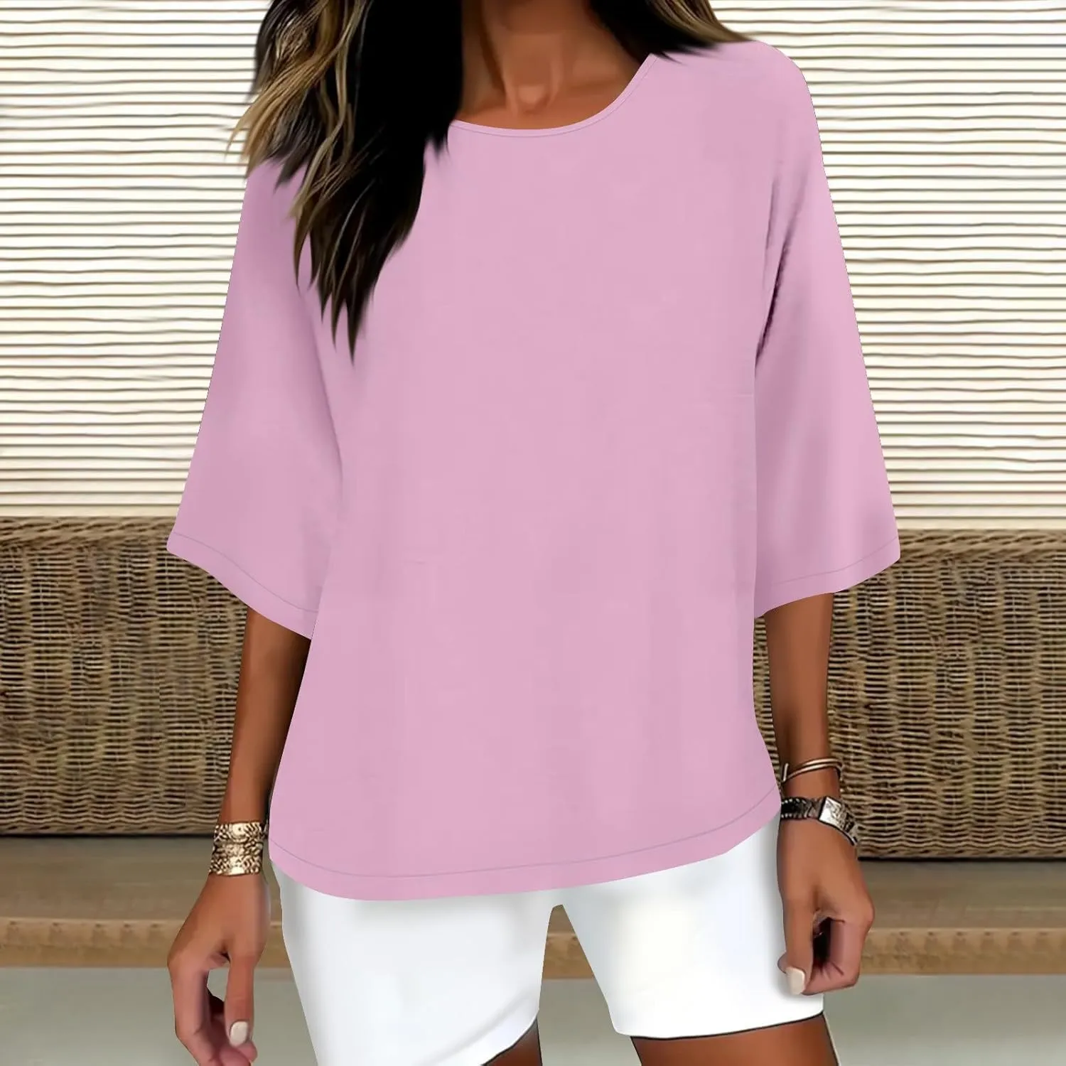 Cotton Linen Tops for Women Solid Color 3/4 Sleeve Round Neck Tunic Blouses Casual Plus Size Loose Fitting Tee Shirt