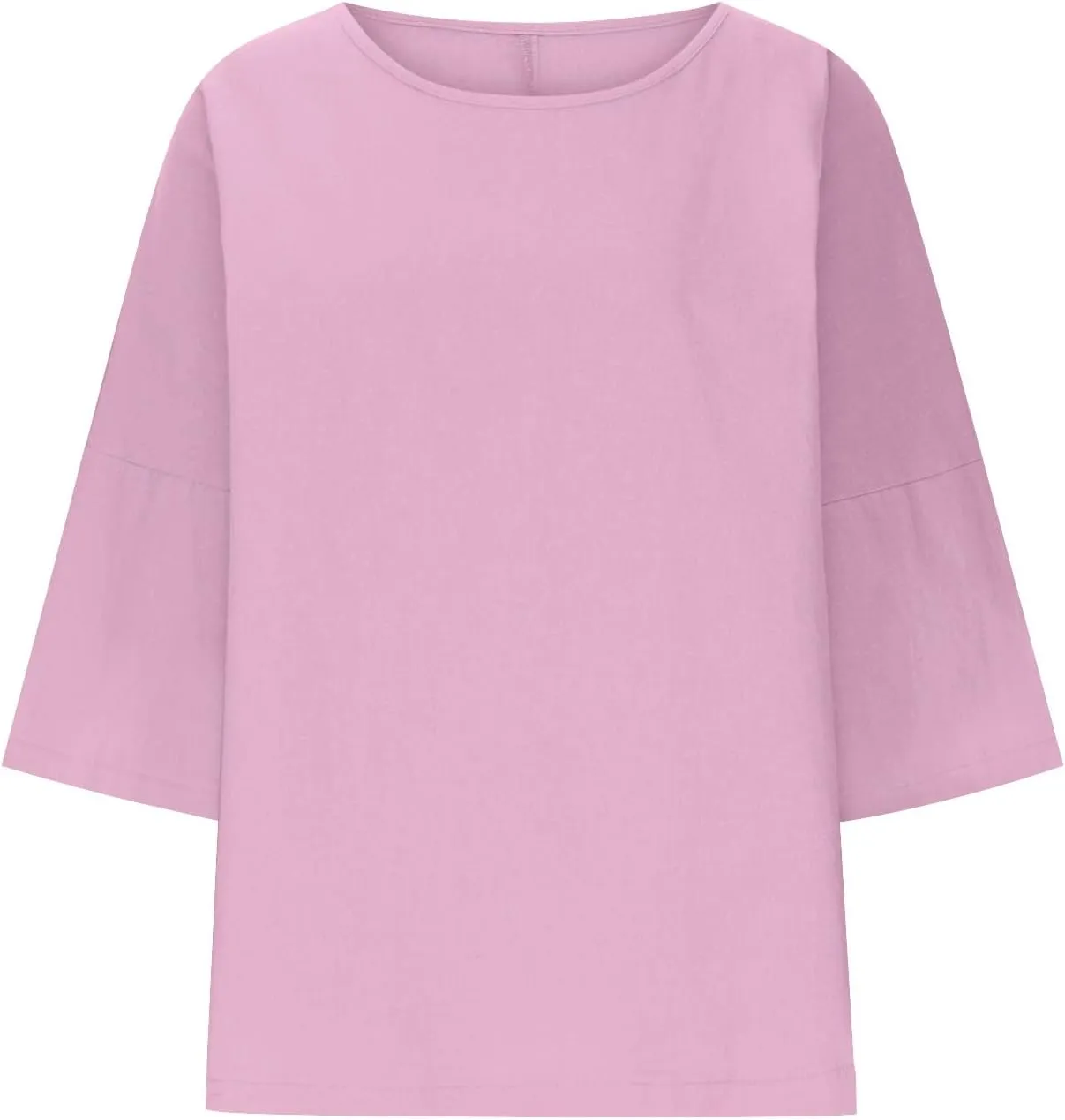 Cotton Linen Tops for Women Solid Color 3/4 Sleeve Round Neck Tunic Blouses Casual Plus Size Loose Fitting Tee Shirt