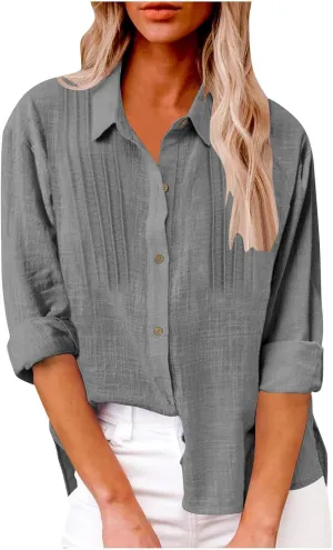 Cotton Linen Tops for Women Summer Solid Color Button Down Long Sleeve Shirts Casual Fashion Loose Pleated Blouse