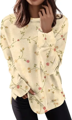 Cute Long Sleeve Tops For Women Work Crewneck Tops Fall Stretch Sweatshirts Floral Print T-Shirts Trendy