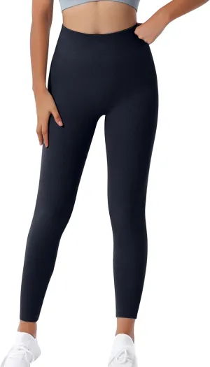 DASAYO Women's Gym Leggings Tummy Control Stretchy High Waisted Ribbed Yoga Pants Full Length Exercise Workout Bottoms