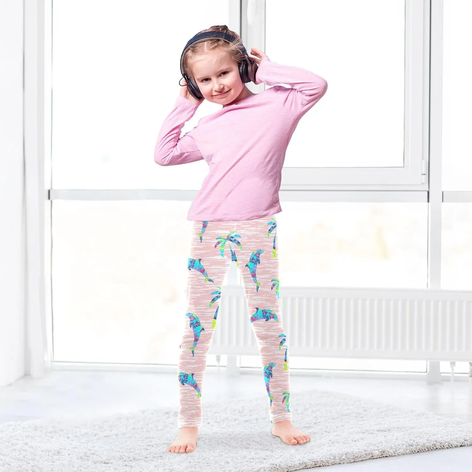 Dinosaur Palm Leaf Girl's Leggings Soft Ankle Length Active Stretch Pants Bottoms Kids Dance Yoga Tights 4-10 Years