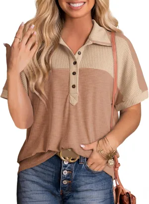 Dokotoo Women's Summer Tops Color Block Short Sleeve V Neck Knit Casual Loose Pullover Tops Shirts