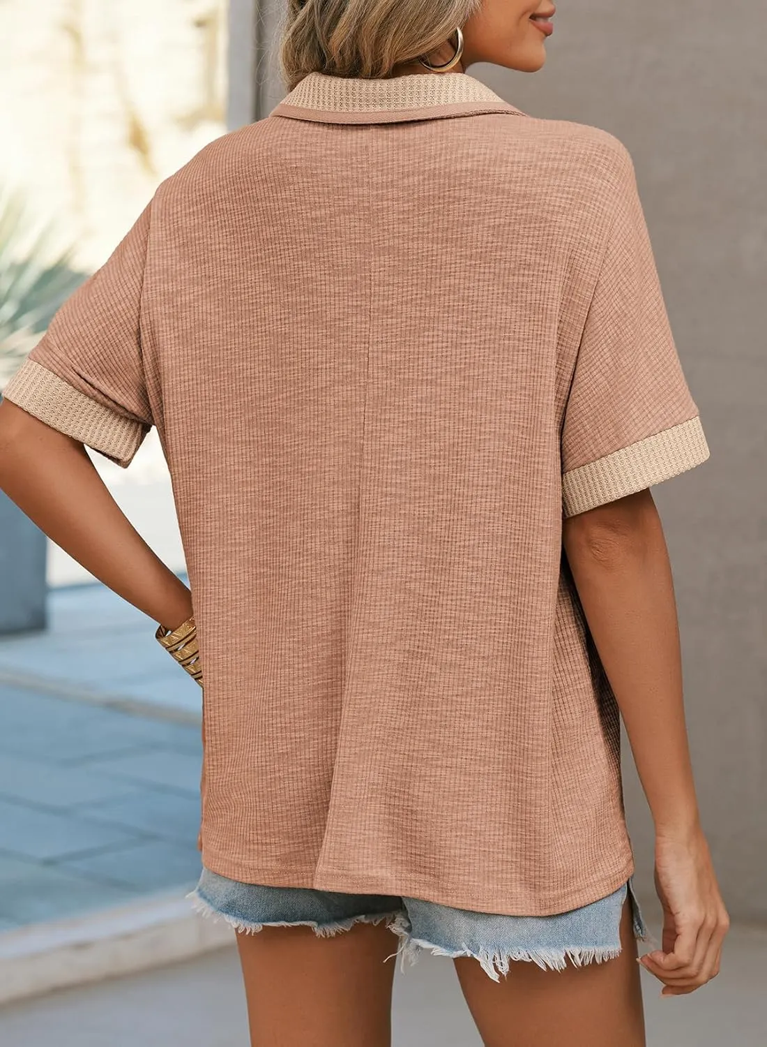 Dokotoo Women's Summer Tops Color Block Short Sleeve V Neck Knit Casual Loose Pullover Tops Shirts
