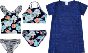 Dreamwave 4 Piece Swimsuit Set: Coverup Bikini Top Tankini Top Bottom Green Floral