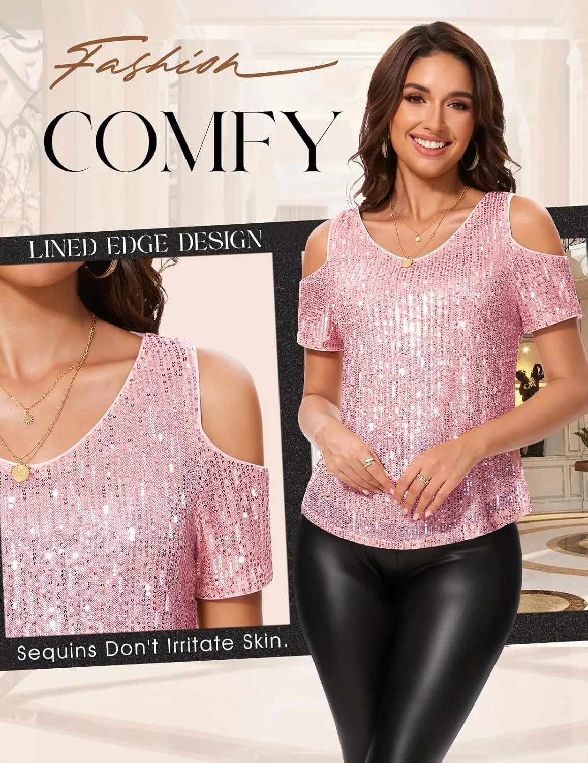 DRESSTELLS Sequin Tops for Women Sparkly Glitter Shirts Cold Shoulder V Neck Blouses Party Tanks Club Concert Fall Blouses