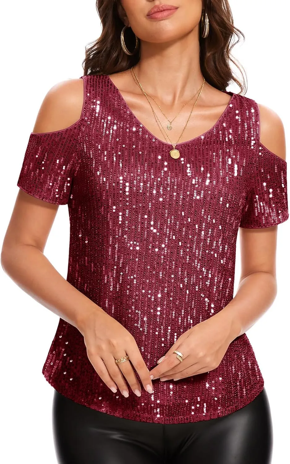 DRESSTELLS Sequin Tops for Women Sparkly Glitter Shirts Cold Shoulder V Neck Blouses Party Tanks Club Concert Fall Blouses