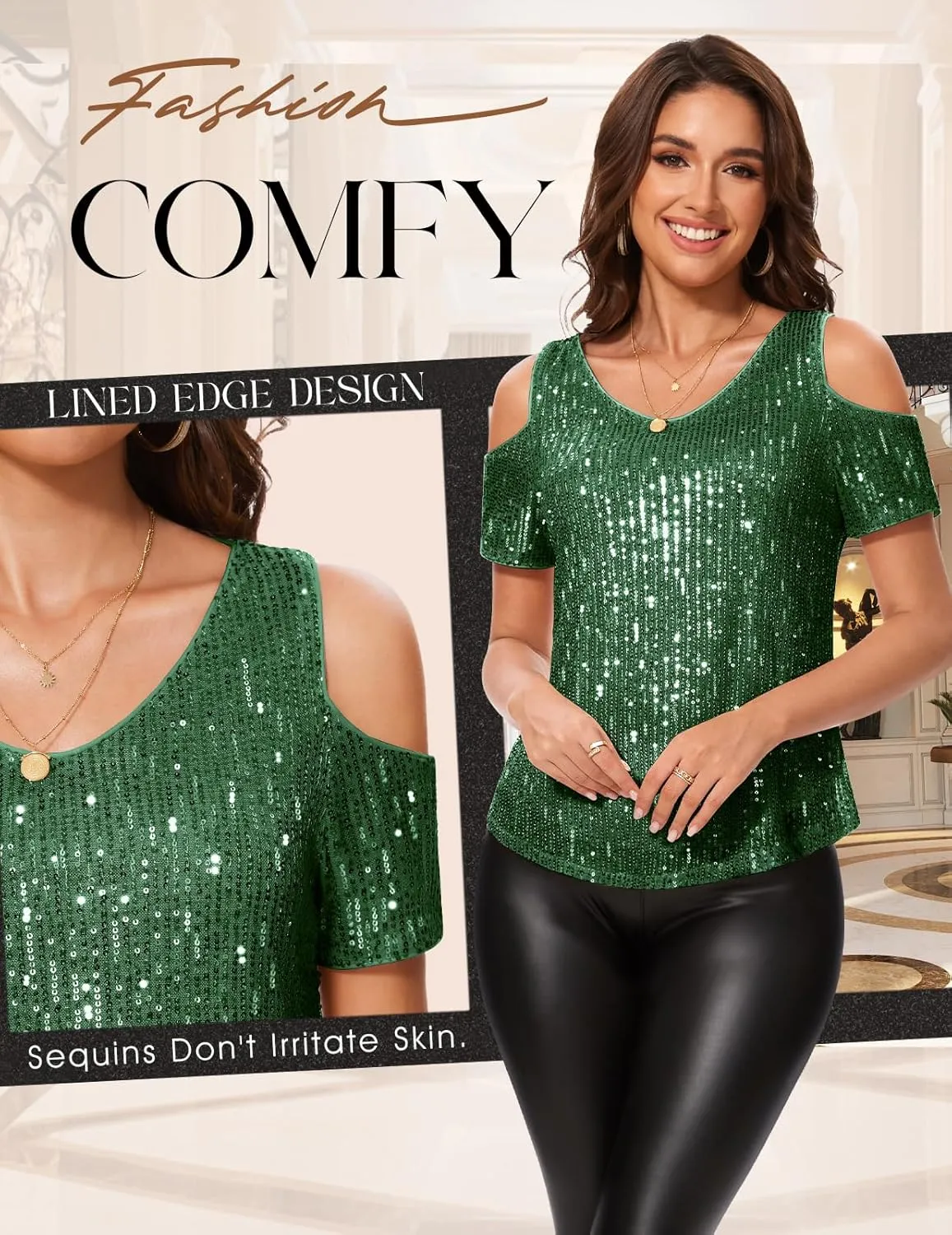 DRESSTELLS Sequin Tops for Women Sparkly Glitter Shirts Cold Shoulder V Neck Blouses Party Tanks Club Concert Fall Blouses