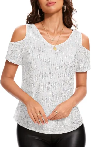 DRESSTELLS Sequin Tops for Women Sparkly Glitter Shirts Cold Shoulder V Neck Blouses Party Tanks Club Concert Fall Blouses