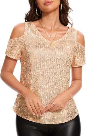 DRESSTELLS Sequin Tops for Women Sparkly Glitter Shirts Cold Shoulder V Neck Blouses Party Tanks Club Concert Fall Blouses