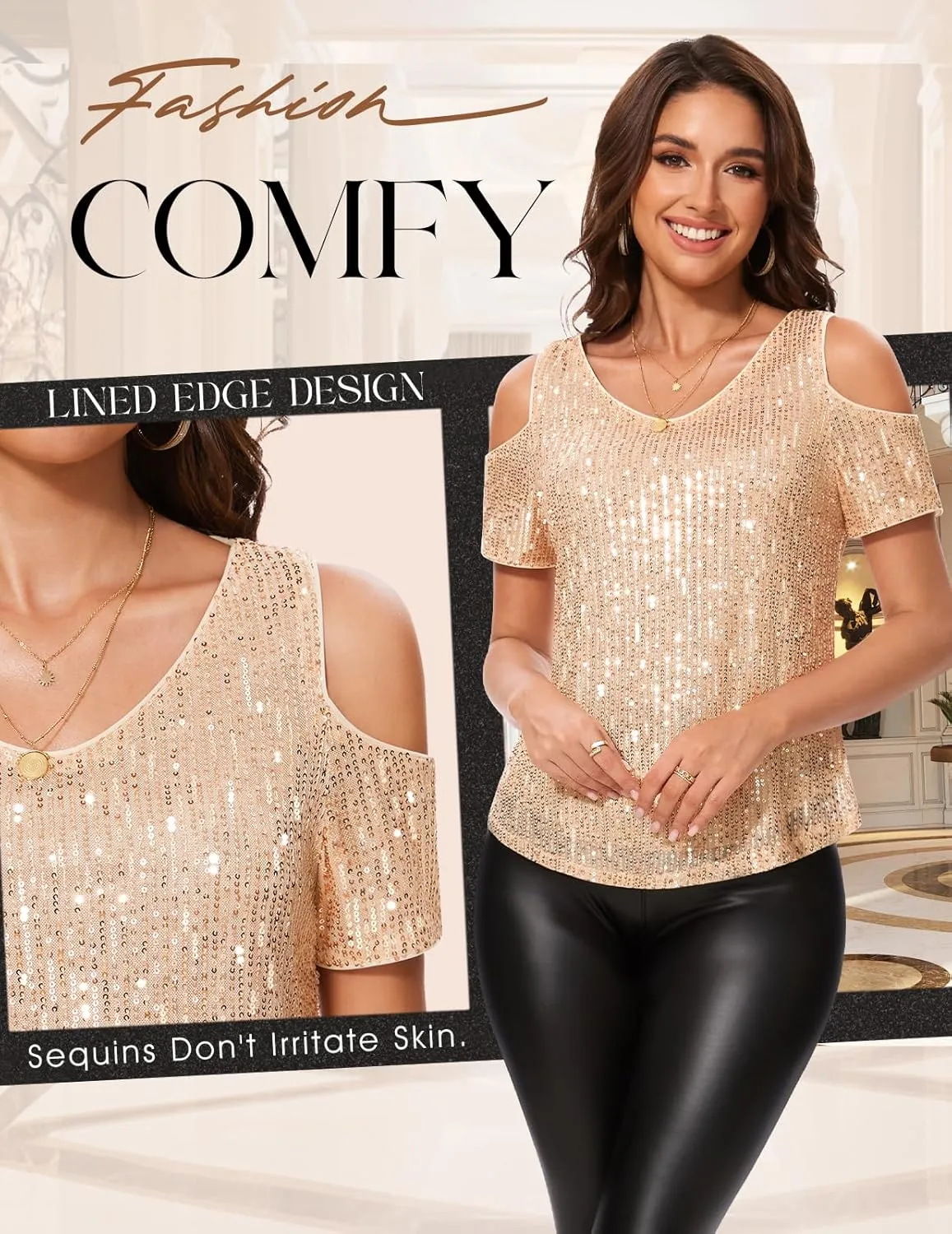 DRESSTELLS Sequin Tops for Women Sparkly Glitter Shirts Cold Shoulder V Neck Blouses Party Tanks Club Concert Fall Blouses