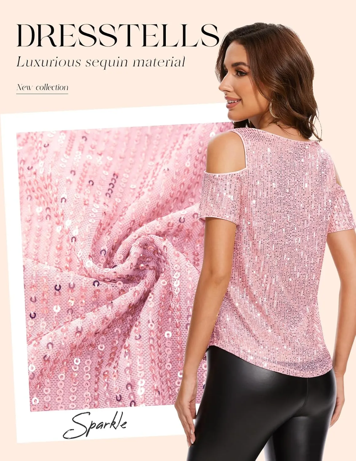 DRESSTELLS Sequin Tops for Women Sparkly Glitter Shirts Cold Shoulder V Neck Blouses Party Tanks Club Concert Fall Blouses