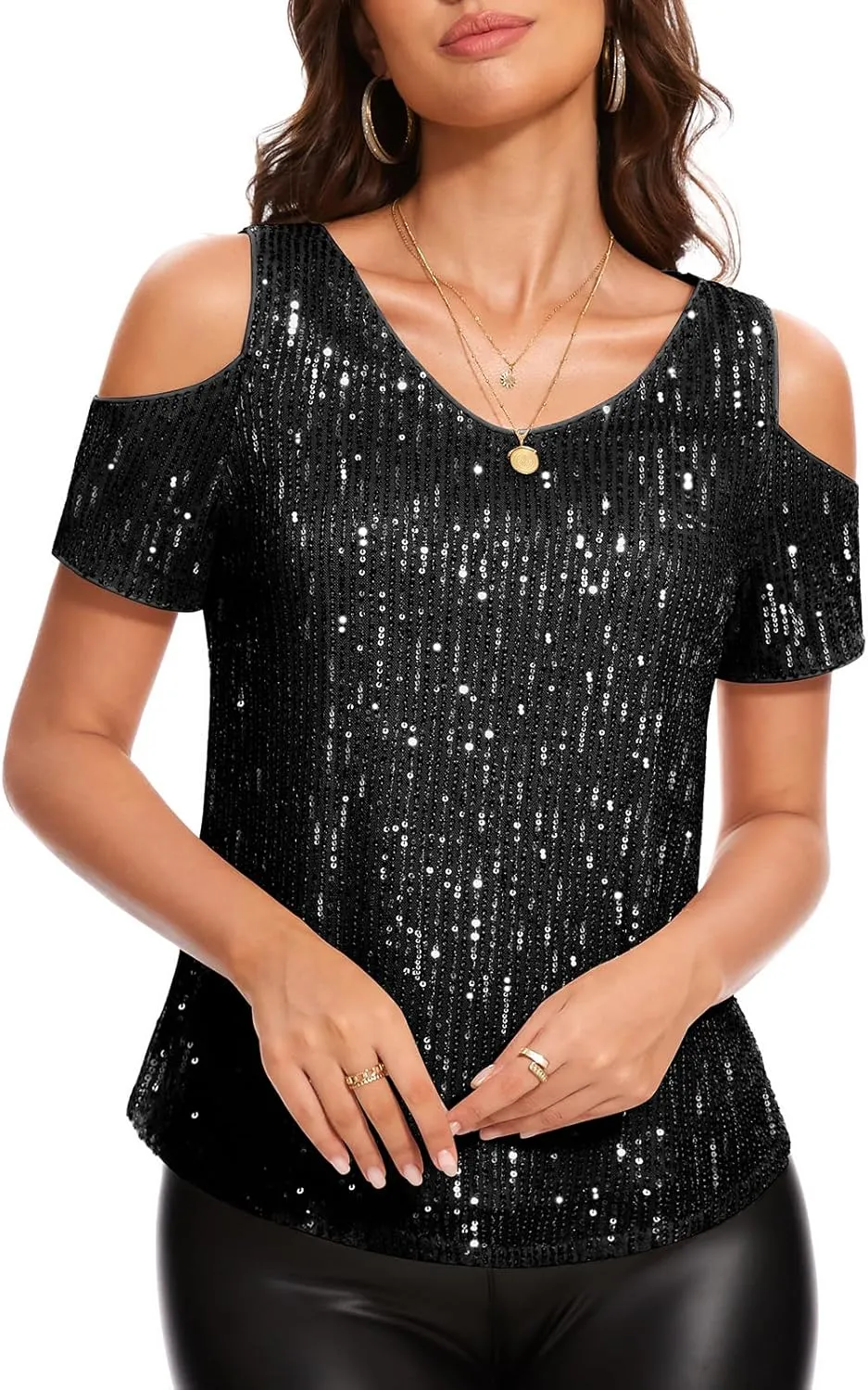 DRESSTELLS Sequin Tops for Women Sparkly Glitter Shirts Cold Shoulder V Neck Blouses Party Tanks Club Concert Fall Blouses