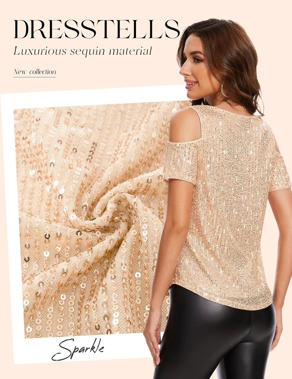 DRESSTELLS Sequin Tops for Women Sparkly Glitter Shirts Cold Shoulder V Neck Blouses Party Tanks Club Concert Fall Blouses