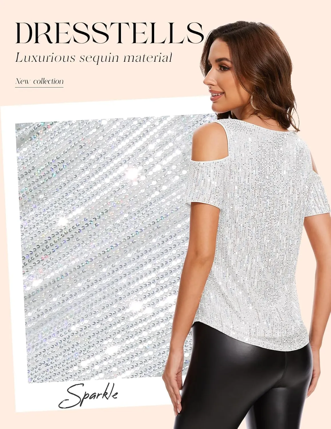 DRESSTELLS Sequin Tops for Women Sparkly Glitter Shirts Cold Shoulder V Neck Blouses Party Tanks Club Concert Fall Blouses
