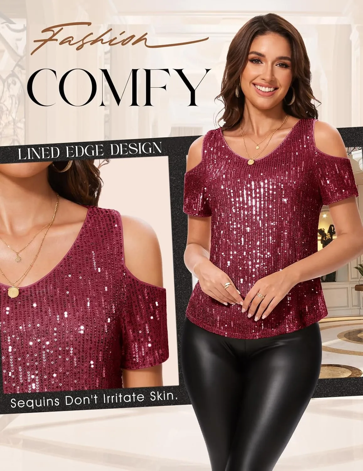 DRESSTELLS Sequin Tops for Women Sparkly Glitter Shirts Cold Shoulder V Neck Blouses Party Tanks Club Concert Fall Blouses