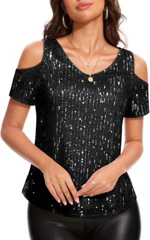 DRESSTELLS Sequin Tops for Women Sparkly Glitter Shirts Cold Shoulder V Neck Blouses Party Tanks Club Concert Fall Blouses