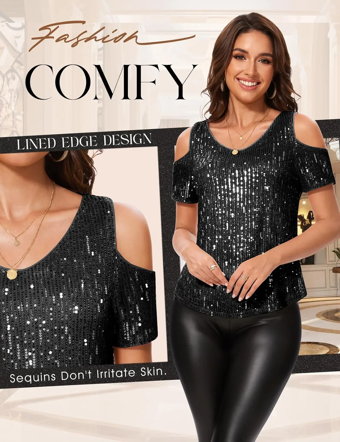 DRESSTELLS Sequin Tops for Women Sparkly Glitter Shirts Cold Shoulder V Neck Blouses Party Tanks Club Concert Fall Blouses
