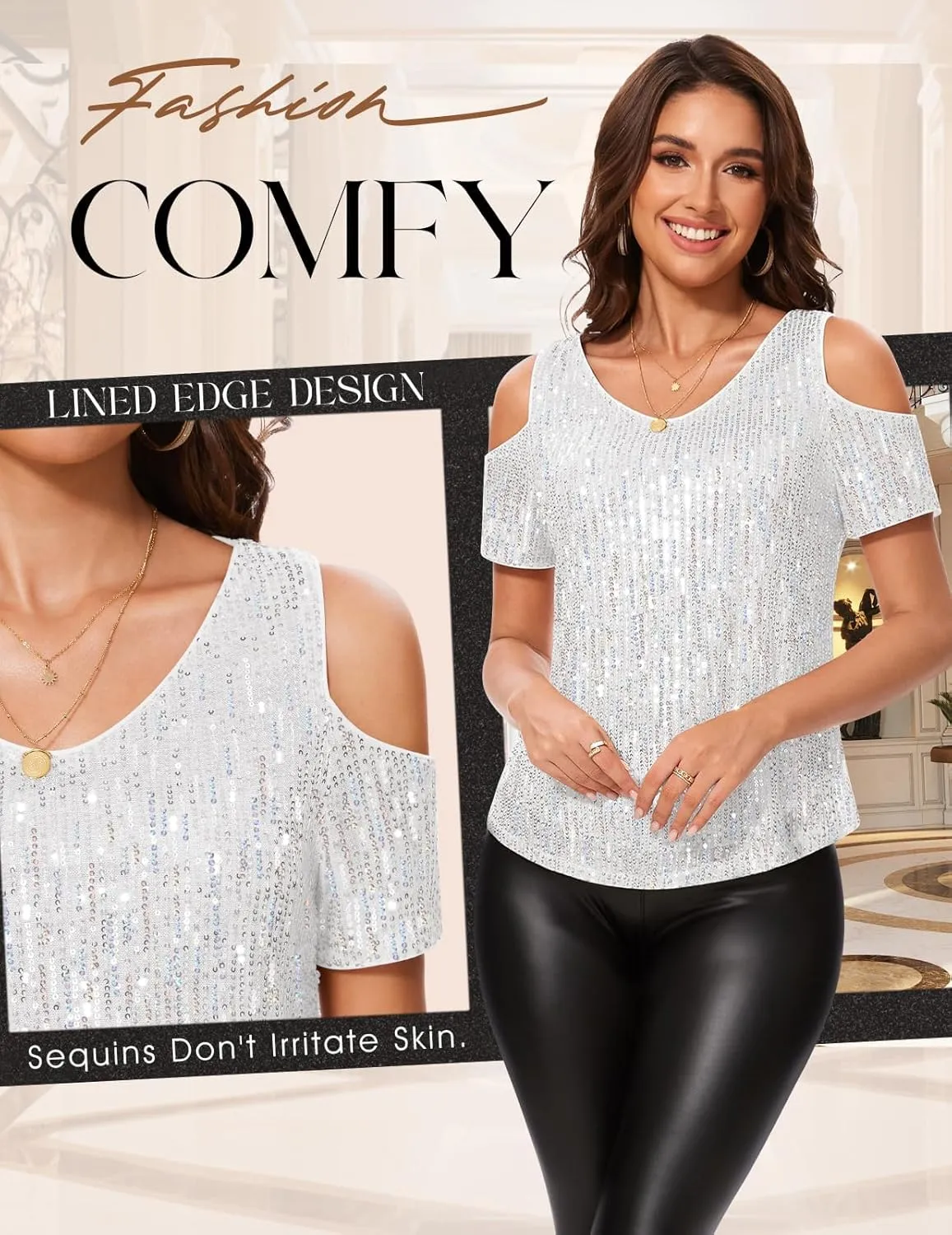DRESSTELLS Sequin Tops for Women Sparkly Glitter Shirts Cold Shoulder V Neck Blouses Party Tanks Club Concert Fall Blouses
