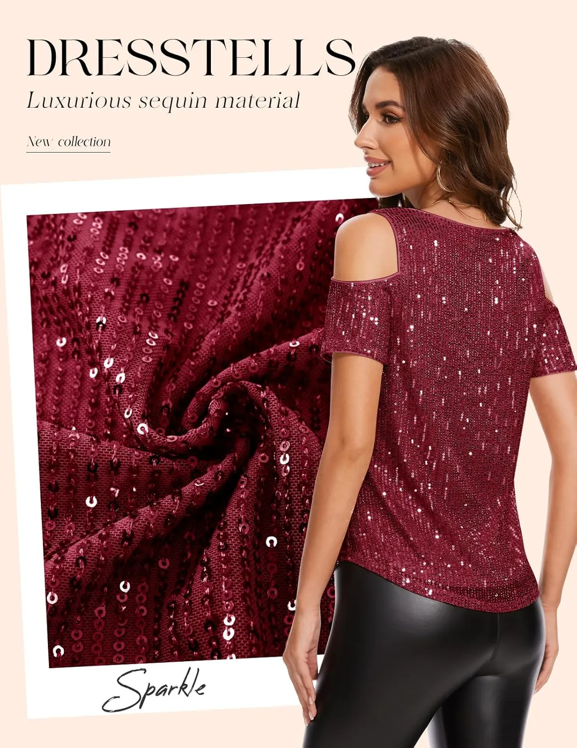 DRESSTELLS Sequin Tops for Women Sparkly Glitter Shirts Cold Shoulder V Neck Blouses Party Tanks Club Concert Fall Blouses