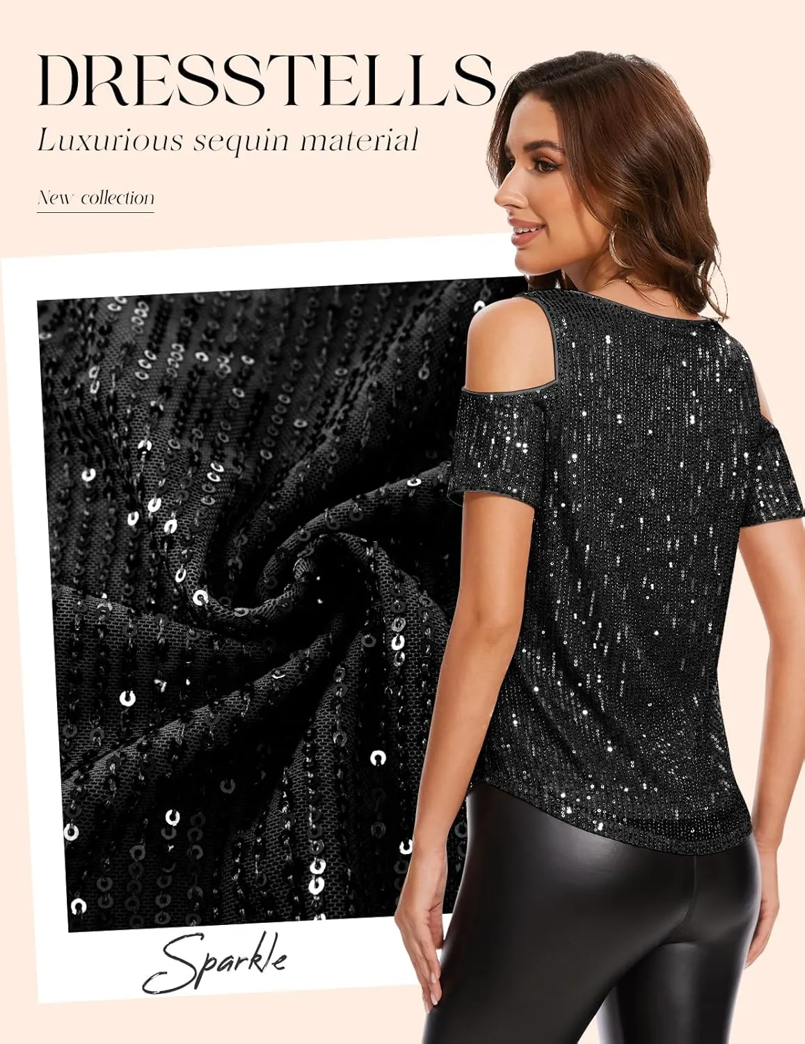 DRESSTELLS Sequin Tops for Women Sparkly Glitter Shirts Cold Shoulder V Neck Blouses Party Tanks Club Concert Fall Blouses