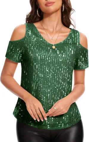 DRESSTELLS Sequin Tops for Women Sparkly Glitter Shirts Cold Shoulder V Neck Blouses Party Tanks Club Concert Fall Blouses