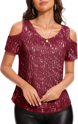 DRESSTELLS Sequin Tops for Women Sparkly Glitter Shirts Cold Shoulder V Neck Blouses Party Tanks Club Concert Fall Blouses