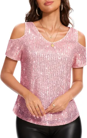DRESSTELLS Sequin Tops for Women Sparkly Glitter Shirts Cold Shoulder V Neck Blouses Party Tanks Club Concert Fall Blouses