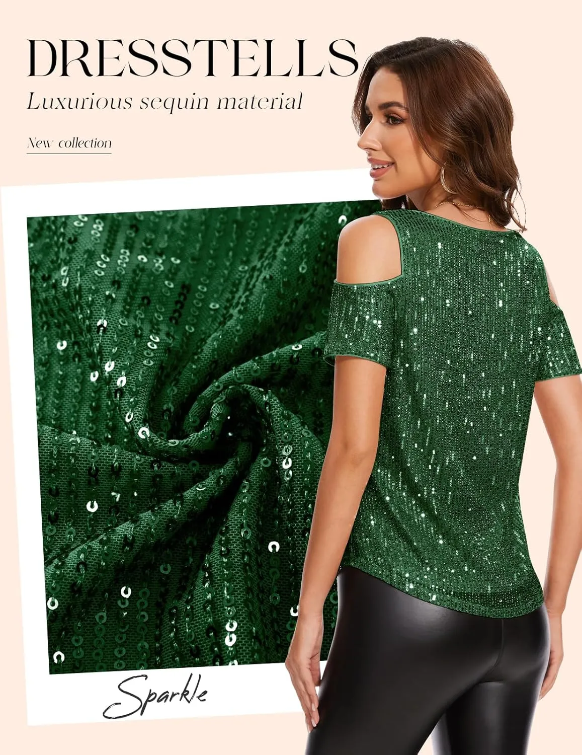 DRESSTELLS Sequin Tops for Women Sparkly Glitter Shirts Cold Shoulder V Neck Blouses Party Tanks Club Concert Fall Blouses