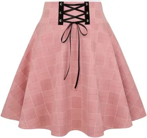 ECDAHICC Women's High Waist Lace Up Plaid Mini Pleated Skirts Cheerleader A Line Flare Skater Skirts School Skirts
