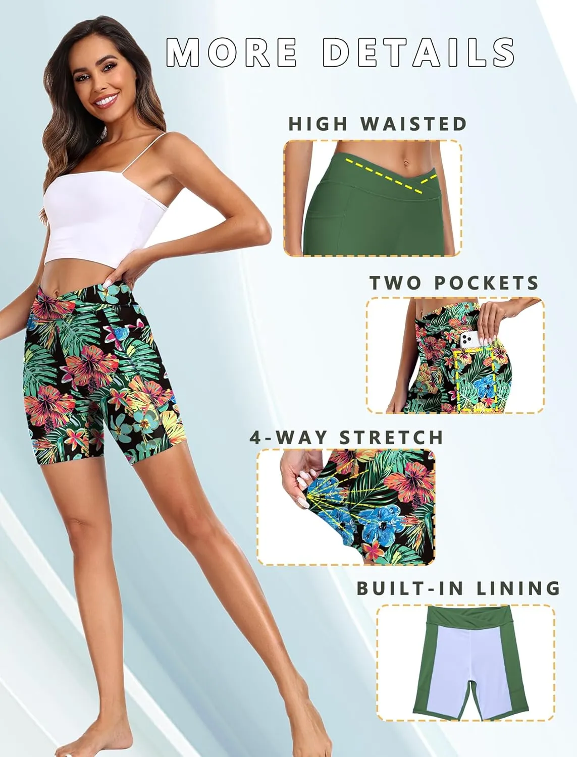 Ekouaer Women's 8.5" Board Shorts High Waisted Swimsuit Bottoms Cross Waist Beach Surf Swimwear with Pocket S-3XL