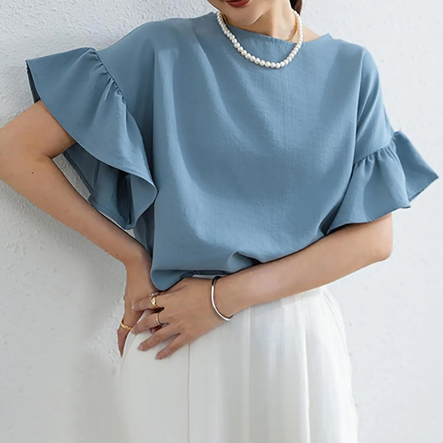 Fashioin Ruffle Half Sleeve Summer Shirts for Women Casual Round Neck Loose Fit Tunic Topps Work Out Tees