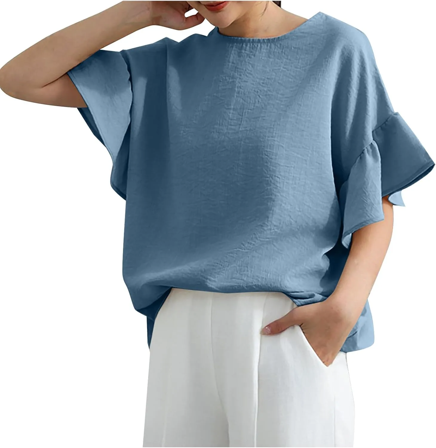 Fashioin Ruffle Half Sleeve Summer Shirts for Women Casual Round Neck Loose Fit Tunic Topps Work Out Tees