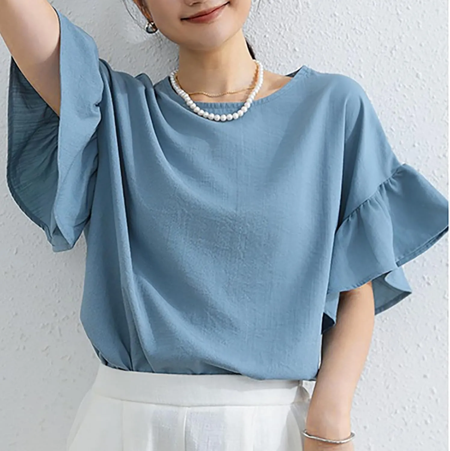 Fashioin Ruffle Half Sleeve Summer Shirts for Women Casual Round Neck Loose Fit Tunic Topps Work Out Tees