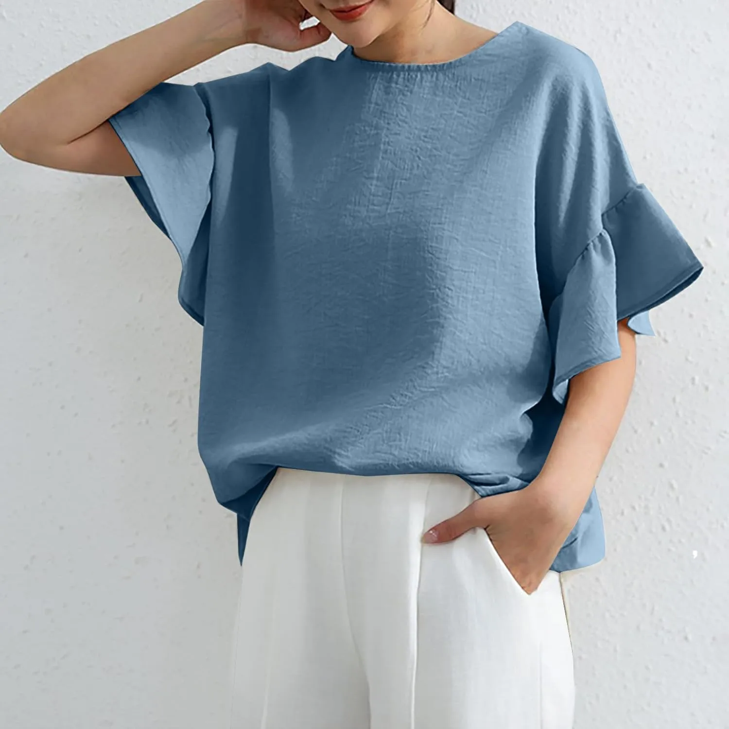 Fashioin Ruffle Half Sleeve Summer Shirts for Women Casual Round Neck Loose Fit Tunic Topps Work Out Tees