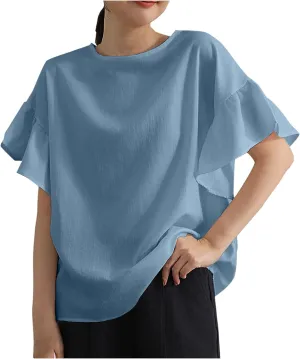Fashioin Ruffle Half Sleeve Summer Shirts for Women Casual Round Neck Loose Fit Tunic Topps Work Out Tees