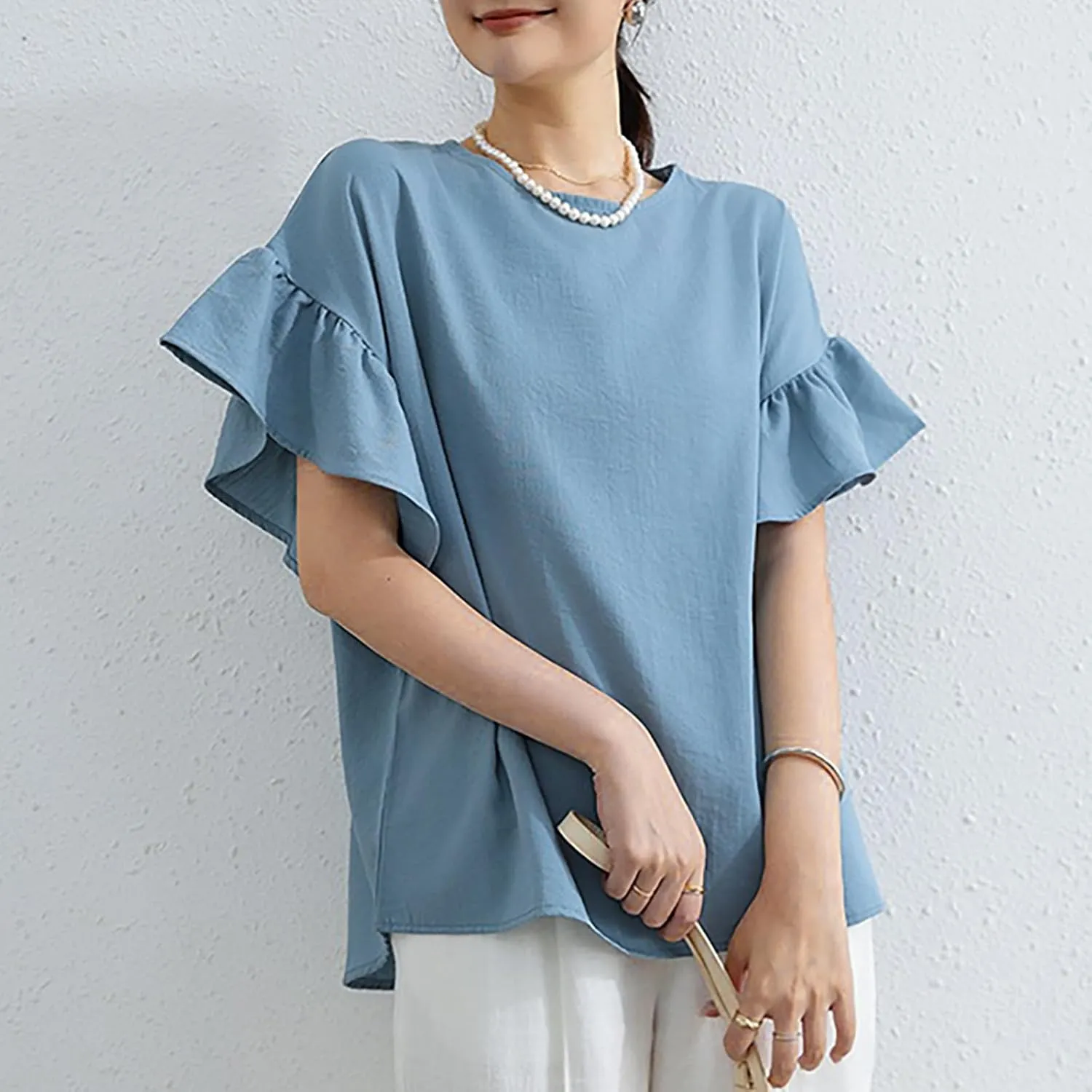 Fashioin Ruffle Half Sleeve Summer Shirts for Women Casual Round Neck Loose Fit Tunic Topps Work Out Tees