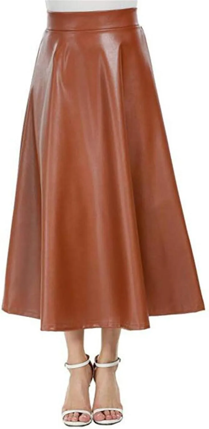 Faux Leather A Line Womens High Waist Skirts Pleather Midi Long Skirt Solid Color Skirt Summer Skirts for Women