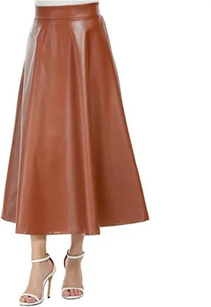Faux Leather A Line Womens High Waist Skirts Pleather Midi Long Skirt Solid Color Skirt Summer Skirts for Women