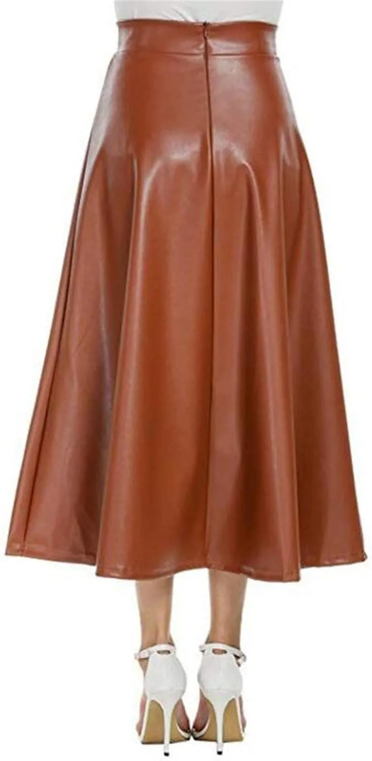 Faux Leather A Line Womens High Waist Skirts Pleather Midi Long Skirt Solid Color Skirt Summer Skirts for Women