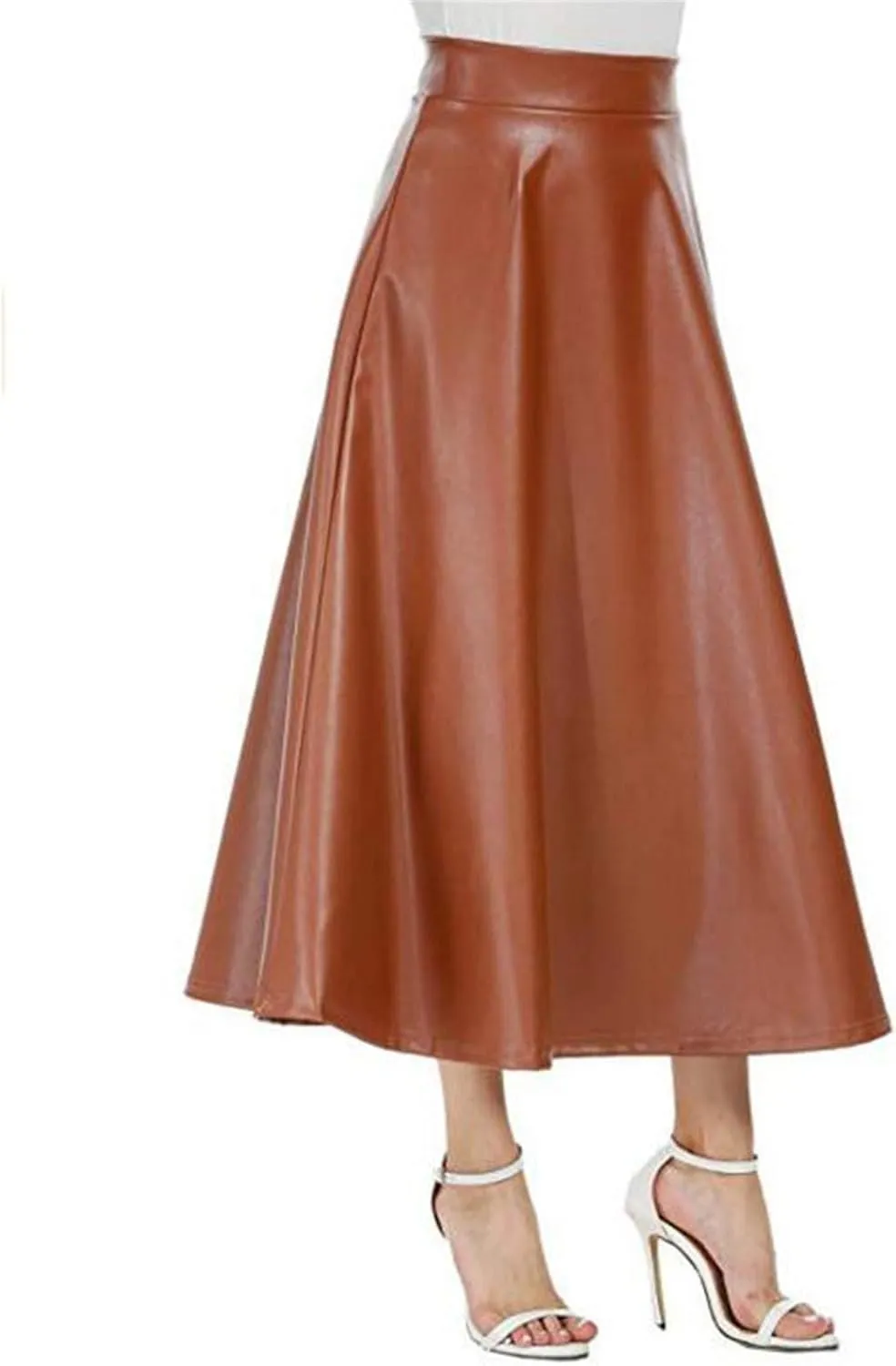 Faux Leather A Line Womens High Waist Skirts Pleather Midi Long Skirt Solid Color Skirt Summer Skirts for Women