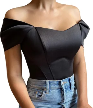 FEOYA Women's Off Shoulder Boned Corset Top Vintage Bustier Mesh Short Sleeve Slim Fit Crop Top Party Clubwear