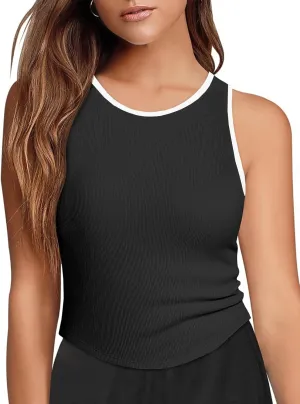 Fisoew Womens Workout Racerback Tank Tops Sleeveless Crewneck Ribbed Crop Tops with Built in Bra Yoga Shirts