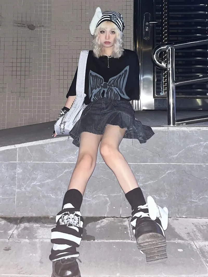 FIVETOSEVEN Side Pleated Women Denim Skirt Mini Short Jeans Bottoms Harajuku Black Gray Streetwear