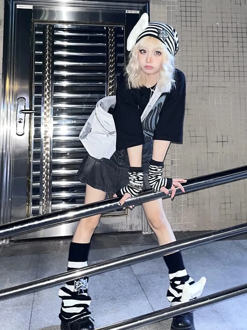 FIVETOSEVEN Side Pleated Women Denim Skirt Mini Short Jeans Bottoms Harajuku Black Gray Streetwear