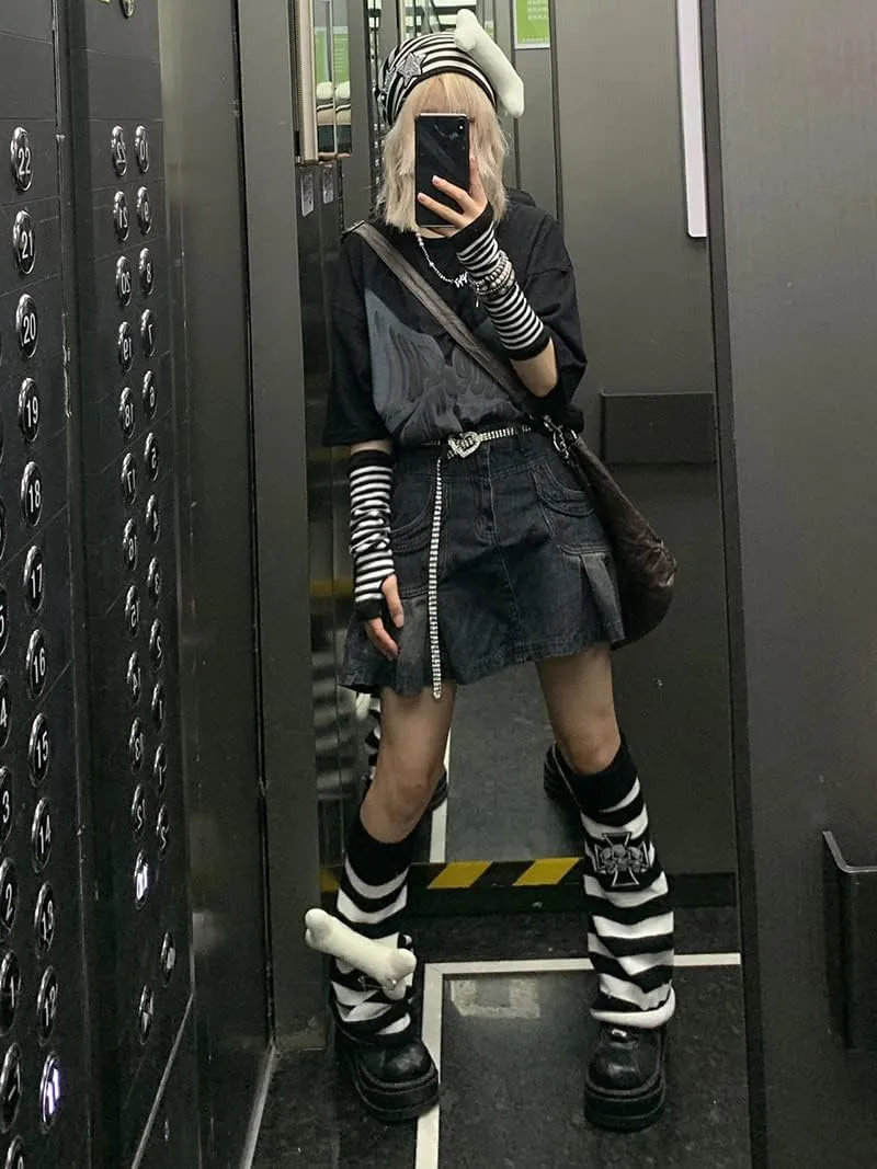 FIVETOSEVEN Side Pleated Women Denim Skirt Mini Short Jeans Bottoms Harajuku Black Gray Streetwear