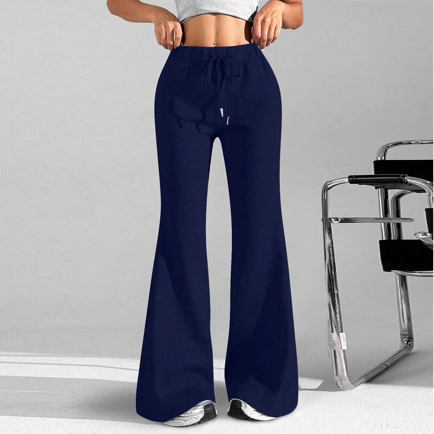Flare Sweatpants Women Fleece Lined Joggers Wide Leg Lounge Pants with Pockets Drawstring Bell Bottoms Bootcut
