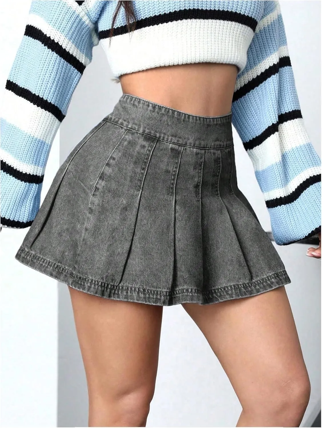 Floerns Women's Casual High Waisted Pleated Hem Zipper Up Denim Skirt Short Skirts