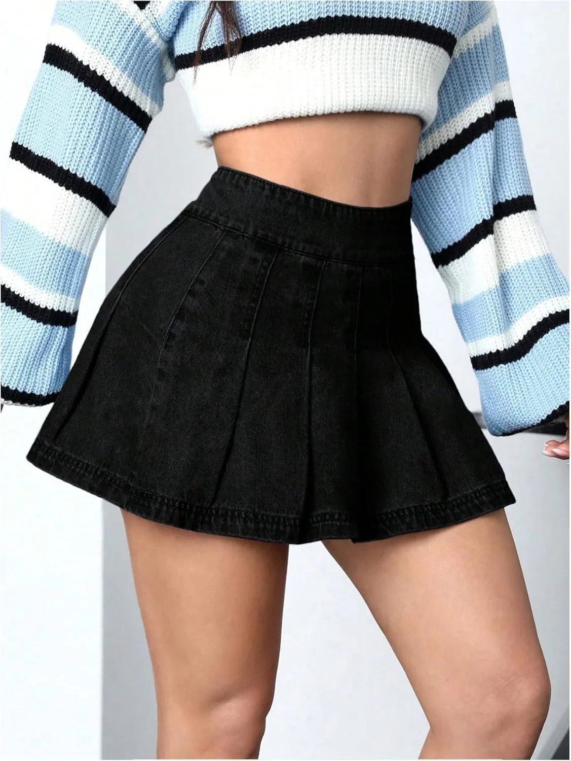 Floerns Women's Casual High Waisted Pleated Hem Zipper Up Denim Skirt Short Skirts